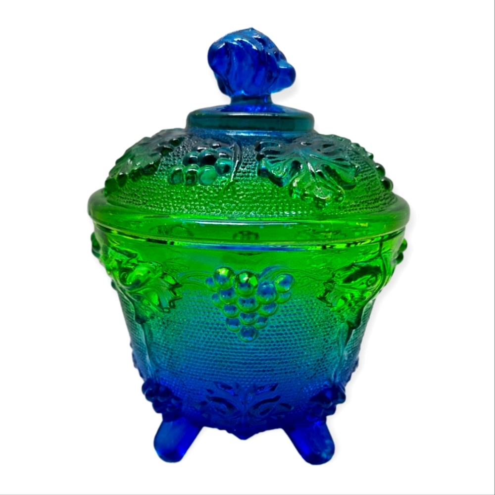 Vintage Jeanette blue/green footed grape leaf glass candy dish w/ lid Capote - Picture 1 of 16
